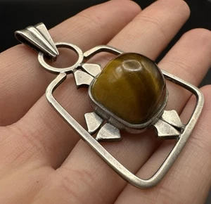 Modernist Silber Anhänger Kaplan Schweden Designer Tigerauge Vintage Pendant - Bild 1 von 5