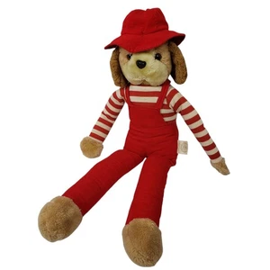 RARE Vintage Hugger Gund Red Corduroy Overalls Dog Plush Toy Red Hat Stuffed - Picture 1 of 11
