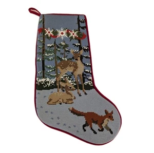 LL Bean Nadelspitze Strumpf Waldtiere Hirsch Fuchs Schnee Winterszene blau - Bild 1 von 9