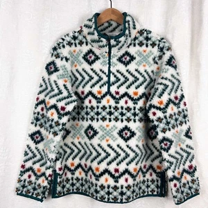 LL Bean Signature Sherpa Fleece Pullover quarter zip women Aztec print oversized - Picture 1 of 7
