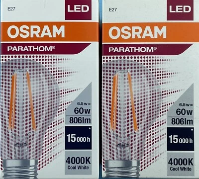 2 x Osram LED GLS Filament Clear 6.5W 4000K COOL WHITE  ES bulb 806lm = 60W I/1 - Image 1 of 4