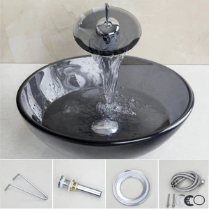 Combo mezclador grifo drenaje lavabo fregaderos de vidrio negro transparente EE. UU. - Imagen 1 de 9