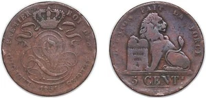 Belgium 1851 5 Centimes Copper F - Picture 1 of 1