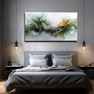 Lines In Green & Golden Wall Art canvas office home room framed 120x60cm - Picture 1 of 2