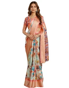 Damen Baumwoll Leinen Ready To Wear One Minute Sari mit unbesticktem Blusenteil - Bild 1 von 8