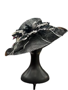 Something Special Black And Silver Brim Church Lady Hat Flower Feathers Mesh - Picture 1 of 4