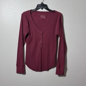 Camiseta Aerie Mujer Henley Manga Larga Roja Capas Acanalada Talla L - Imagen 1 de 7