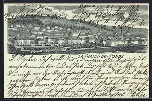 Mondschein-Lithographie La Chaux-de-Fonds, Panorama mit Bäumen 1900 - Bild 1 von 2