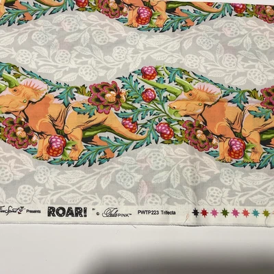 TULA PINK ROAR! TRIFECTA IN BLUSH DINOSAURS ROAR COTTON FABRIC FQ - Image 1 of 2