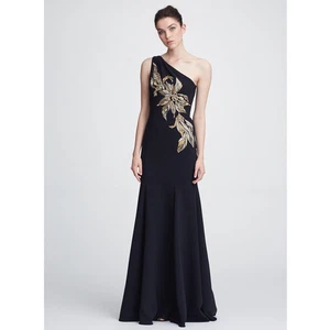 Marchesa Black Gown Floral Beaded Embroidered One-Shoulder Dress Sz 6 - Picture 1 of 10