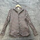 Billy Reid Shirt Mens Large Gray Brown Check Plaid Button Up 100% Linen Pocket