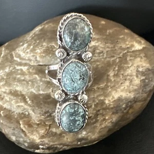 Womens Blue Spiderweb Turquoise 3 Stone Navajo Sterling Silver Ring Size 9 16705 - Picture 1 of 13
