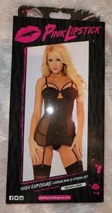 Pink Lipstick High Exposure Chemise & G String Set. M-L. NIB Black. Vintage 2012 - Picture 1 of 4