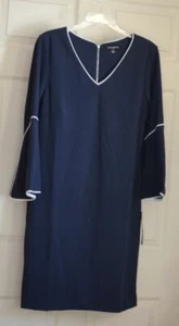 NEW Sharagano Navy Blue/Ivory sz 14 Womans 3/4 sleeve knee length Dress Stretch! - Picture 1 of 9
