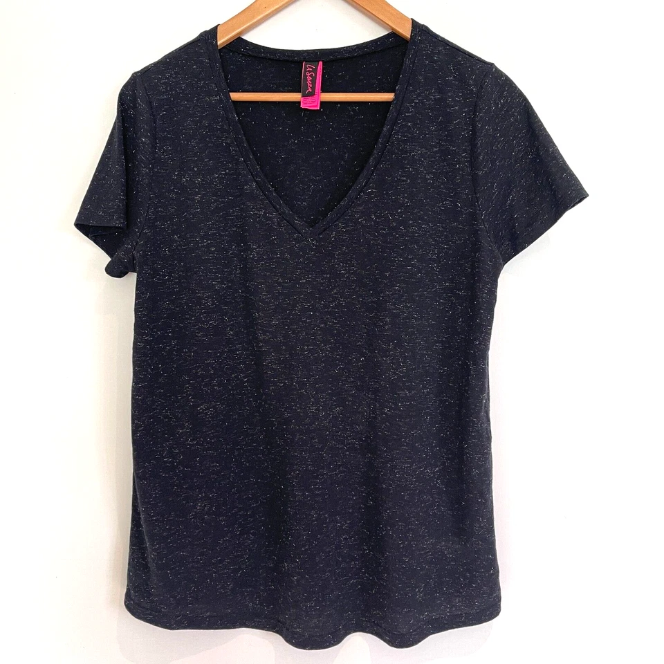 La SENZA женщина черный Рождество блестящий короткий рукав V шеи футболка размер L новый без ЯРЛЫКОВ - Изображение 1 из 4