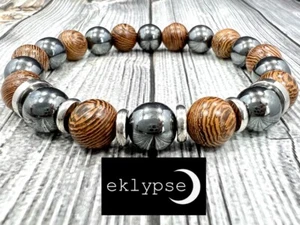 Hip 8"L Stainless Steel 10mm Hematite+Sandalwood Gemstone Beaded Men’s Bracelet - Picture 1 of 8