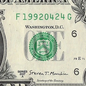 APR 24 1992 Birthday Fancy Serial Number Date Note One Dollar Bill 04 24 1992 - Picture 1 of 11