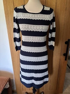Monsoon Navy/White Stripe Lace Knit Jersey Dress Small Knee Length - Picture 1 of 12