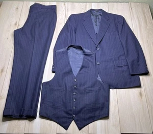 VTG Brooks Brothers Makers Half-Lined Wool 3-Pc Suit Mens 41S 36x30 Blue Striped - Picture 1 of 24