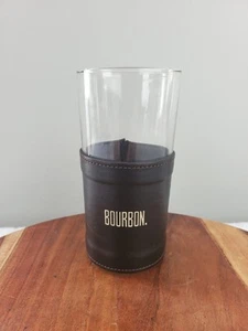 Libbey Tall Shot Glass 5-1/2" Faux Leather Wrapped w/ "BOURBON." Embossing - Picture 1 of 4