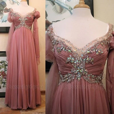 Vestido de novia rosa de fantasía de gasa cristales con cuentas cuello en V fuera del hombro línea A Foto 1 de 4