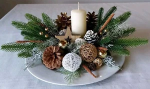 Centrotavola Natalizio Stile Nordico Scandinavo Pigne Naturale Candela - Foto 1 di 3