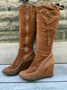 Womens Next Soft Tan Suede Leather Knee High Riding Boots Hi Wedge Size 6 39 - Picture 1 of 16