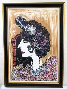 Artist Hector Cata Cuban Female Figure in Lace Acrylic Portrait Painting Signed - Picture 1 of 10