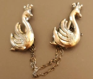 Sterling Silver Swans With Crowns Sweater Pins 3" Long VINTAGE - Picture 1 of 11
