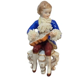 Dresden Porcelain Figurine Sitting Boy Playing Mandolin Guitar Lace Musician - Picture 1 of 24