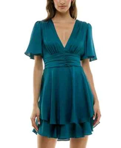 B Darlin Juniors' Flutter-Sleeve Layered-Hem Dress- Dark Teal, Size 7/8 - Picture 1 of 4