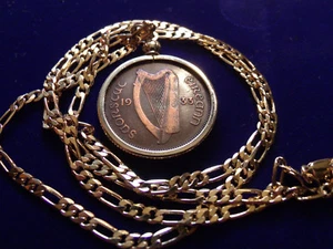 1933 IRELAND HAY-PENNY COIN CHARM, 18KGF 24" CHAIN 4MM WIDE TOP QUALITY CHAIN - Picture 1 of 3