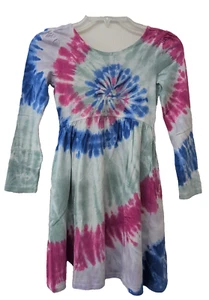 Girls Dress Long Sleeve Teal Shadow Swirl Tie Dye w/Cinch Waist-Sz Small (6/7) - Picture 1 of 9