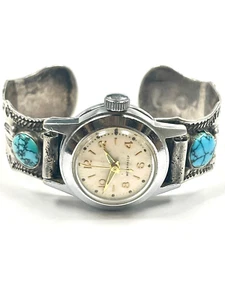VINTAGE STERLING SILVER & TURQUOISE SOUTHWESTERN CUFF BRACELET & WATCH COMBO - Picture 1 of 5