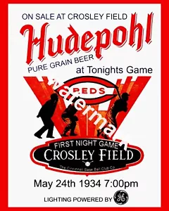 CINCINNATI REDS - Hudephol Beer 1934 1st Night Game Wall Art Poster, 8x10 Photo - Picture 1 of 1