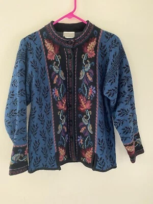 Coldwater Creek Wool Blend Embroidered Blue Cardigan Colorful Sz S - Image 1 of 4