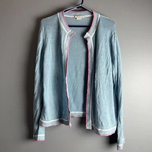 Boden Women’s Open Cardigan 100% Linen Size 12 Blue With Pink And White - Picture 1 of 5