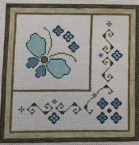 Vintage Panjo Handpainted Blue Butterfly Floral Flower Needlepoint Canvas Spring - Picture 1 of 6