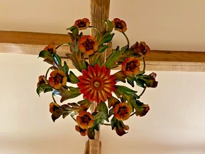 Antique vintage French painted toleware chandelier with spring flowers - Picture 1 of 5