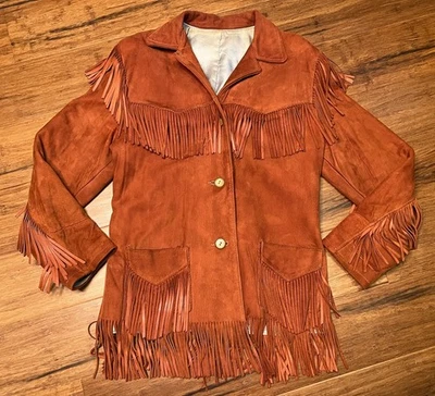 Винтажный 50-х 60-х годов женщин K BAR Z Western оранжевый ржавчины богемное бахрома куртка маленький 34 - Изображение 1 из 4