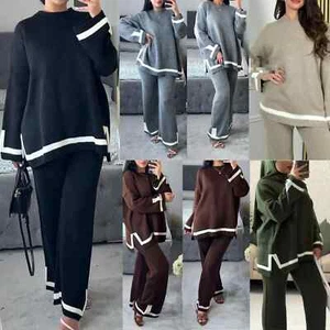 Ladies Knitted Stripe Loungewear Set, Wide Leg Co-ord Suit Tracksuit Outfit - Picture 1 of 6
