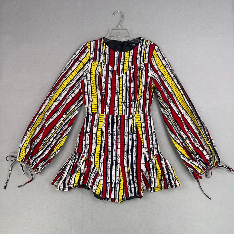 Ofuure Mameluco Mujer Pequeño Rojo Amarillo Estampado Africano Volantes Pantalones Cortos Mangas Corbata Foto 1 de 4