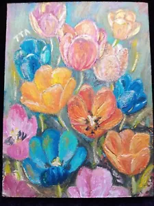 Original Kunst Ölgemälde - Bunte Tulpen. Blumen Ukraine - Bild 1 von 10