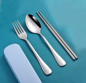 3pcs Cutlery Set Stainless Travel School Picnic Spoon Fork Chopsticks Tableware - Picture 1 of 9