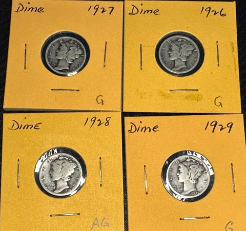 FOUR-  1926, 1927, 1928, 1929-   Silver Mercury Dimes FOUR Cover