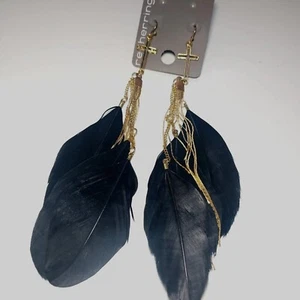 Gold Tone Earrings Cross Black Feathers Gothic - Picture 1 of 7