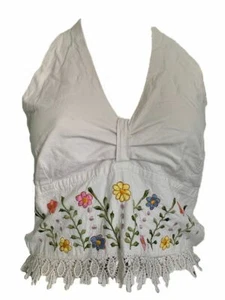 Pre Owned Colorful Embroidered Floral White Blouse S/M - Picture 1 of 2
