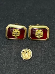 Correct Quality Twin Headed Eagle Gold Tone And Red Cufflinks & Lapel Pin (3929) - Picture 1 of 7