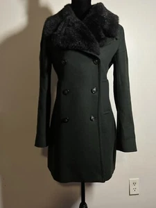 Club Monaco EUC Black Wool Blend Faux Fur Collar Double Breasted Winter Coat XS - Picture 1 of 9