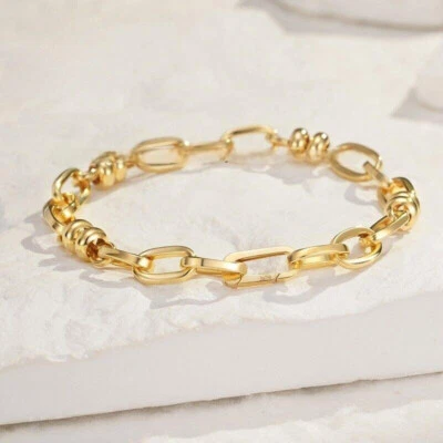 Pure AU750 18K Yellow Gold Chain Vintage Squares Beads  Link Bracelet Bangle - Image 1 of 3